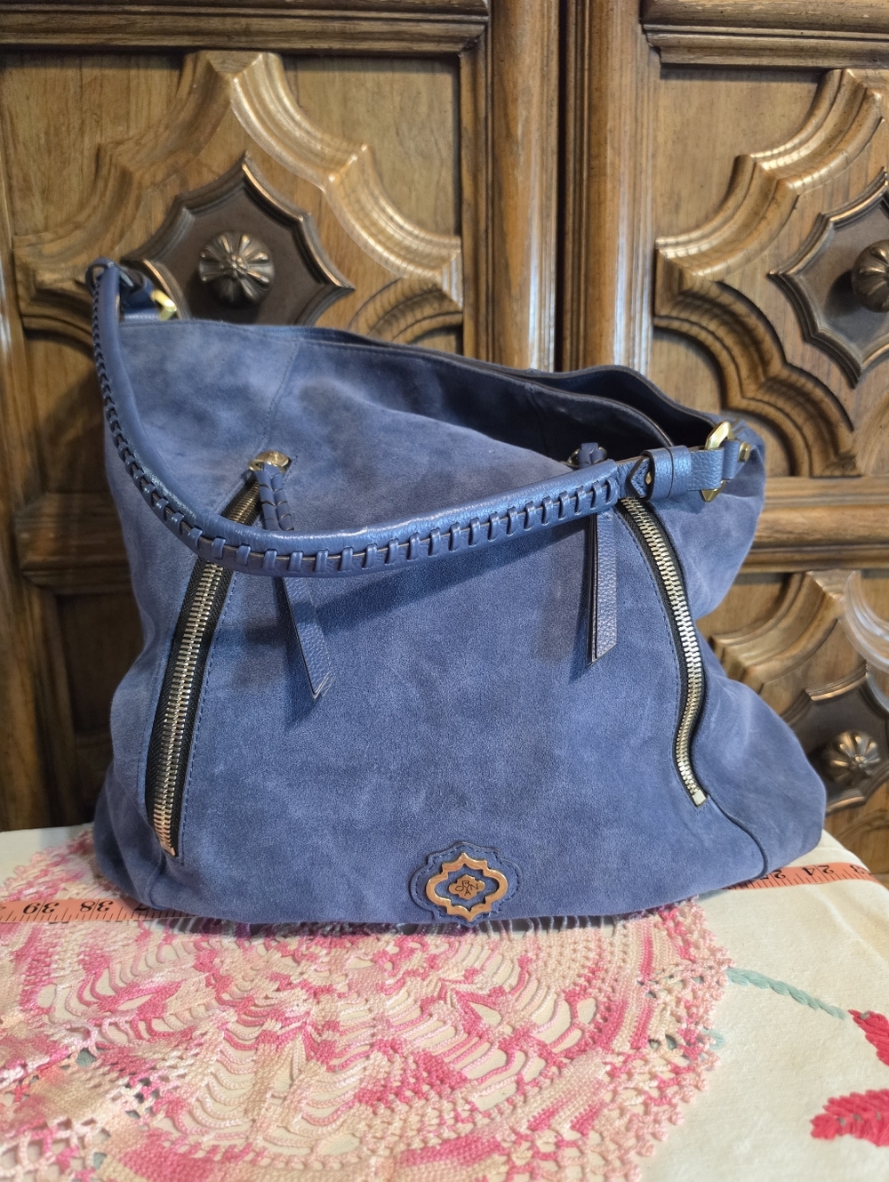 orYANY Indigo Suede Shoulder Bag with Gold Hardware